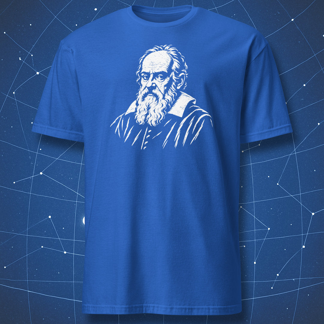 Royal blue T-shirt with a white engraved portrait of Galileo Galilei.