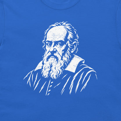 Close-up of the Galileo Galilei portrait printed in white on a royal blue T-shirt.