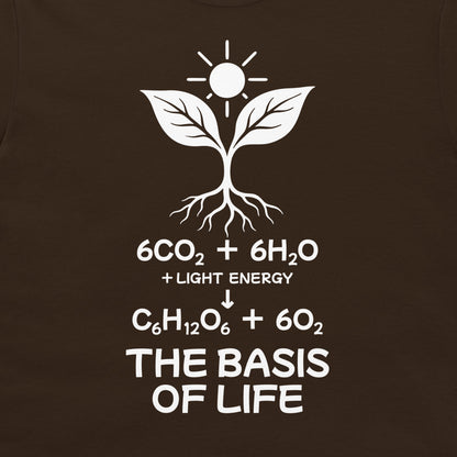 Close-up of “The Basis of Life” photosynthesis design printed in white on dark chocolate brown fabric.