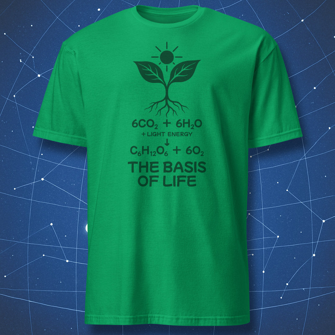 Irish Green T-shirt with a dark green seedling, sun, photosynthesis equation and “The Basis of Life” caption.