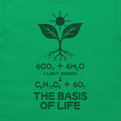Close-up of the dark green plant, sun and photosynthesis formula above “The Basis of Life” on Irish Green fabric.