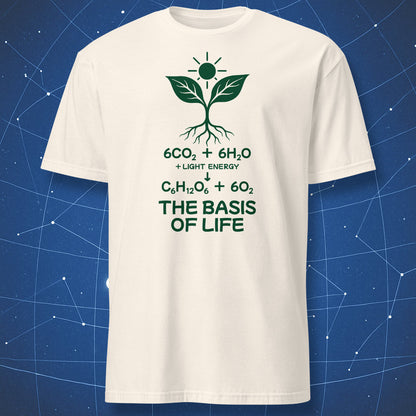 Natural cream T-shirt featuring a dark green plant, sun, photosynthesis equation and “The Basis of Life” text.