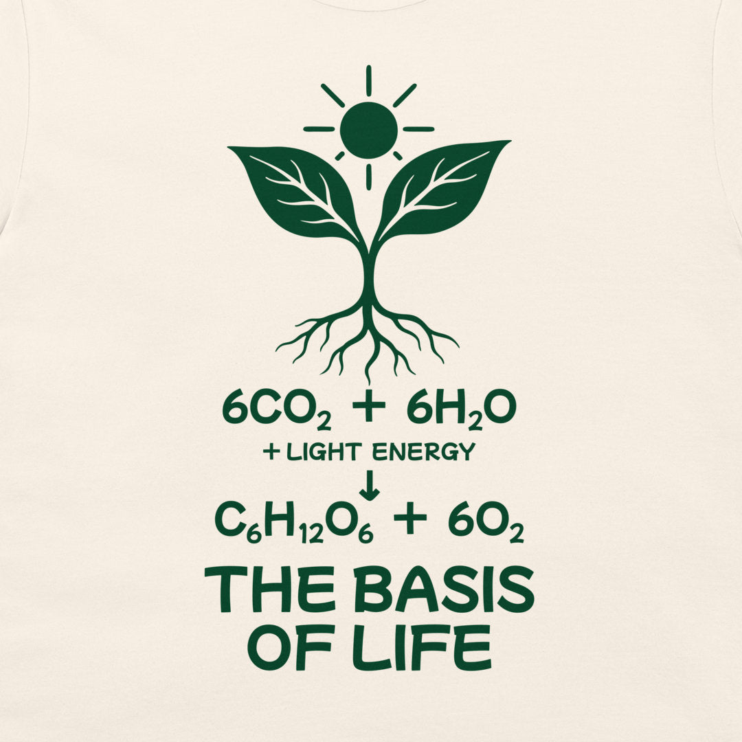 Close-up of “The Basis of Life” photosynthesis design with a dark green seedling and sun on natural cream fabric.