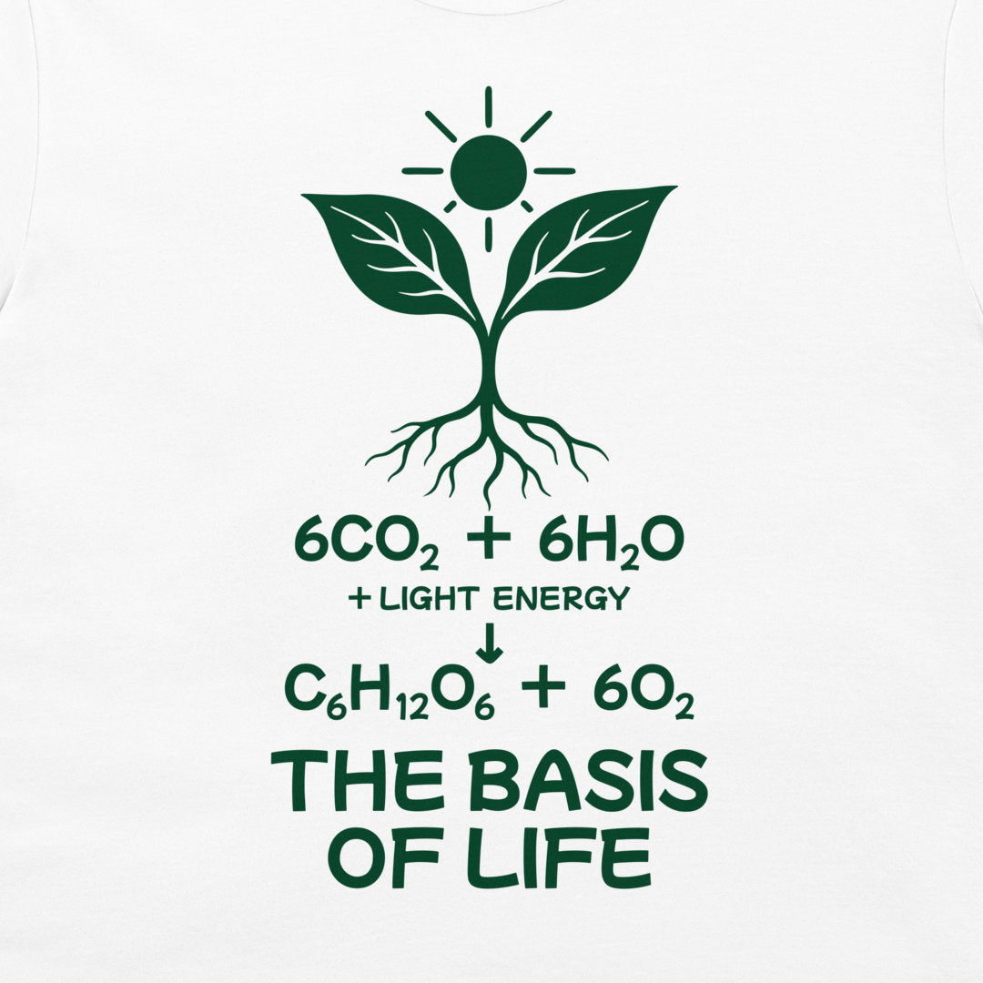 Close-up of the dark green plant, branching roots, sun and photosynthesis equation on a white T-shirt.