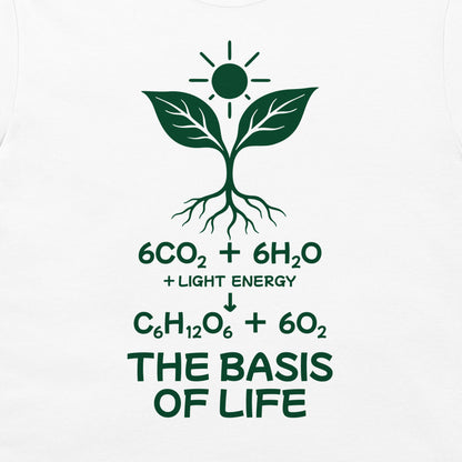 Close-up of the dark green plant, branching roots, sun and photosynthesis equation on a white T-shirt.
