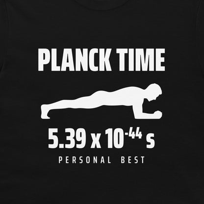 Close-up of the white Planck Time design on black fabric, showing a plank silhouette and its personal-best time.