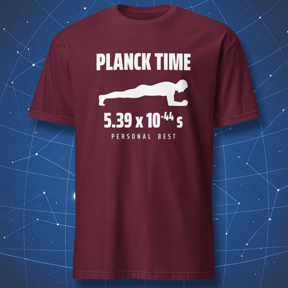 Maroon Planck Time T-shirt with white lettering, a forearm-plank silhouette, and a Planck-time personal best.