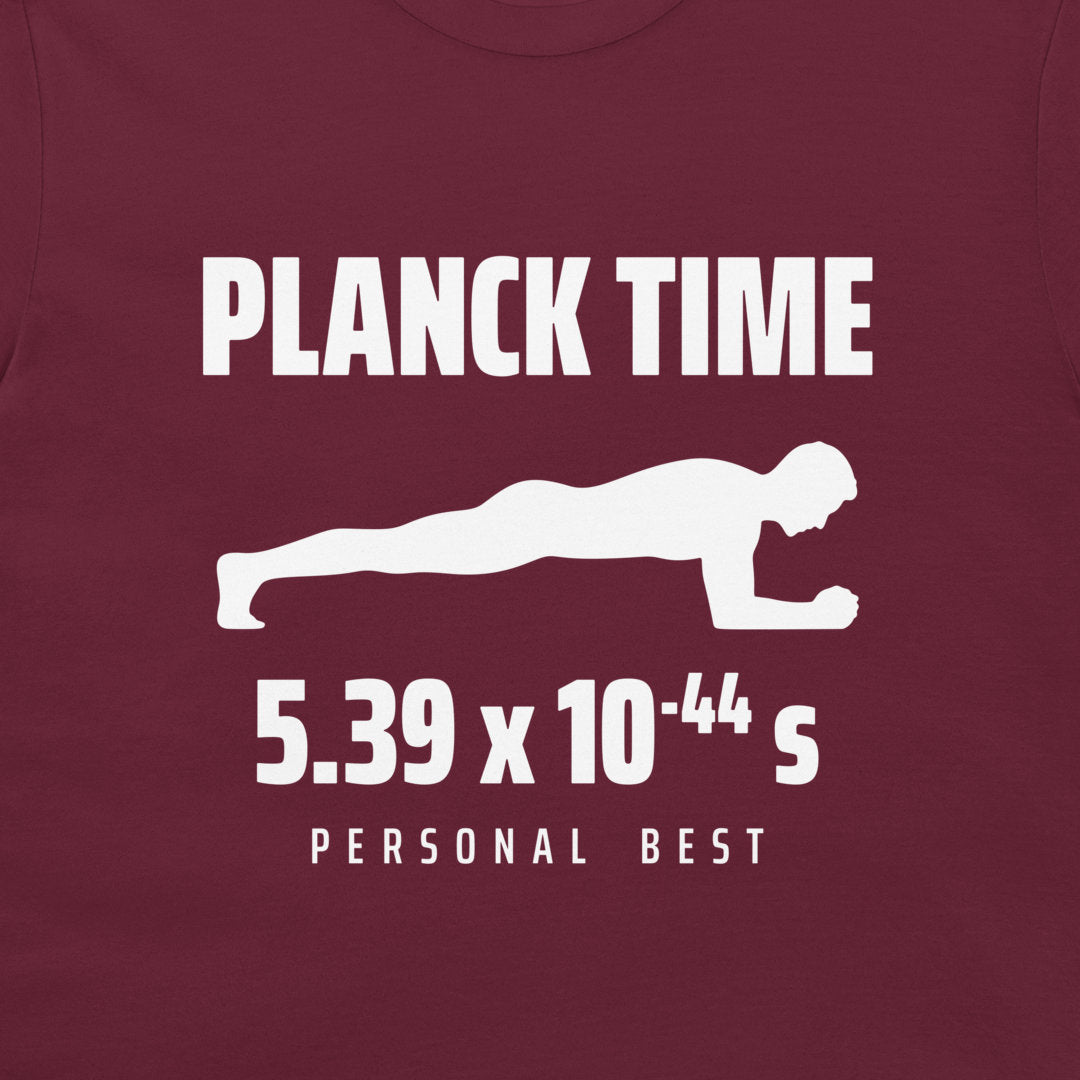 Close-up of the white plank silhouette and 5.39 × 10⁻⁴⁴ s beneath Planck Time lettering on maroon fabric.