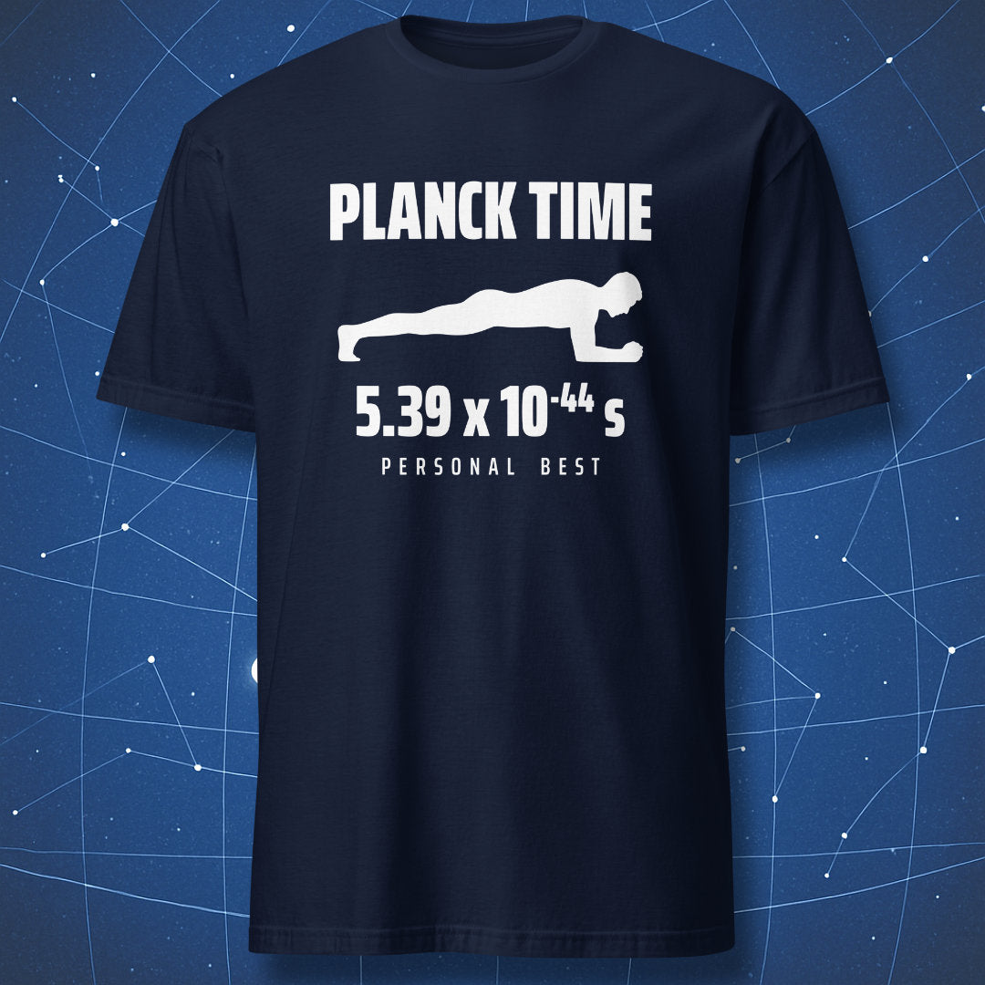 Navy Planck Time T-shirt featuring a white plank silhouette, scientific notation, and Personal Best text.