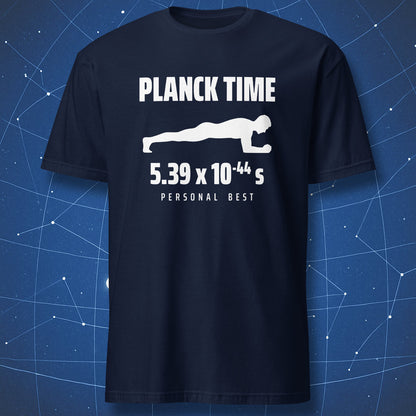 Navy Planck Time T-shirt featuring a white plank silhouette, scientific notation, and Personal Best text.