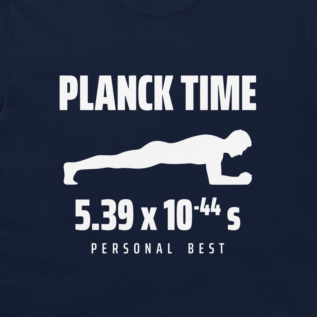 Close-up of the Planck Time print on navy fabric, with a white plank silhouette and 5.39 × 10⁻⁴⁴ s personal best.