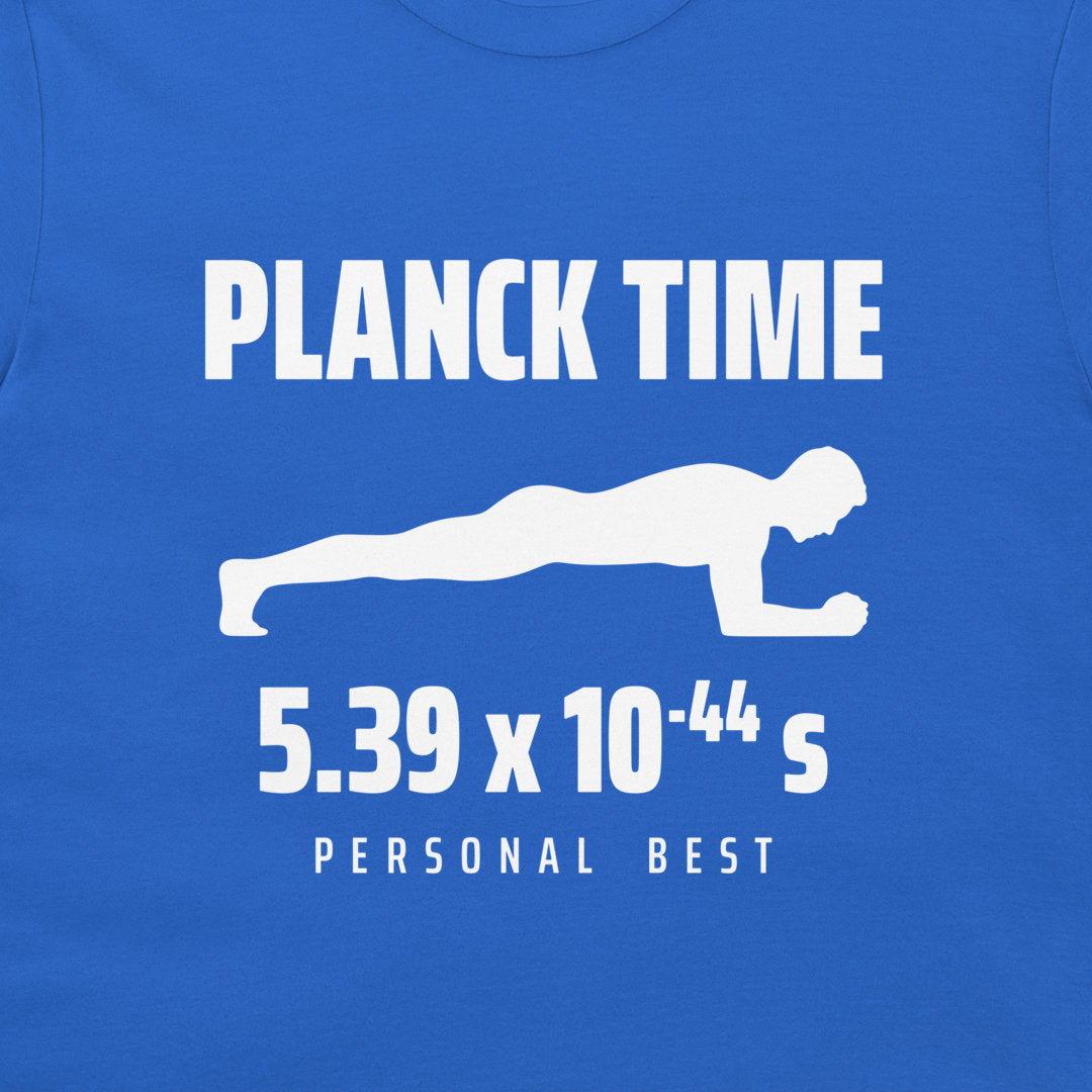 Close-up of the Planck Time design on royal blue fabric, showing white lettering, a plank silhouette, and scientific notation.