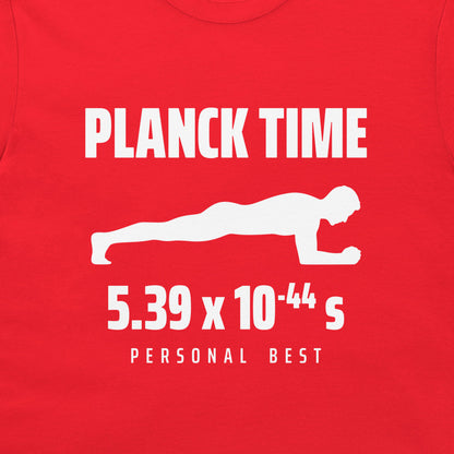 Close-up of the white Planck Time artwork on red fabric, featuring a plank silhouette and Personal Best lettering.