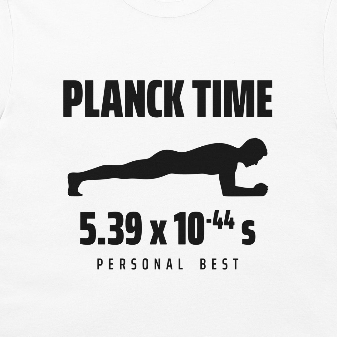 Close-up of the black Planck Time print on white fabric, featuring a plank silhouette and its personal-best time.