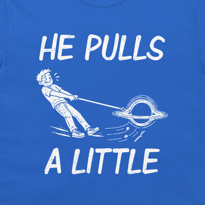 Close-up of the leashed black hole, struggling owner, and white He Pulls a Little lettering on royal blue fabric.