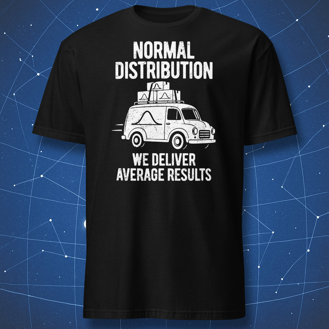 Black Normal Distribution T-shirt with a white delivery van carrying parcels marked with bell curves.