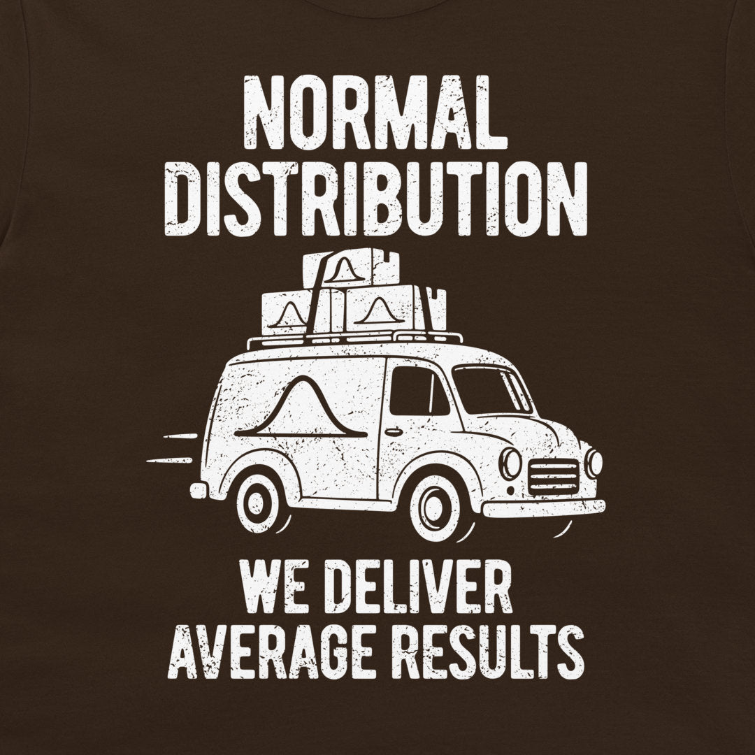 Close-up of the distressed white van and bell curve parcel designs beneath Normal Distribution lettering on dark chocolate fabric.