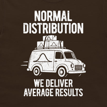 Close-up of the distressed white van and bell curve parcel designs beneath Normal Distribution lettering on dark chocolate fabric.