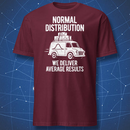Maroon Normal Distribution T-shirt with a white vintage van carrying three parcels decorated with bell curves.