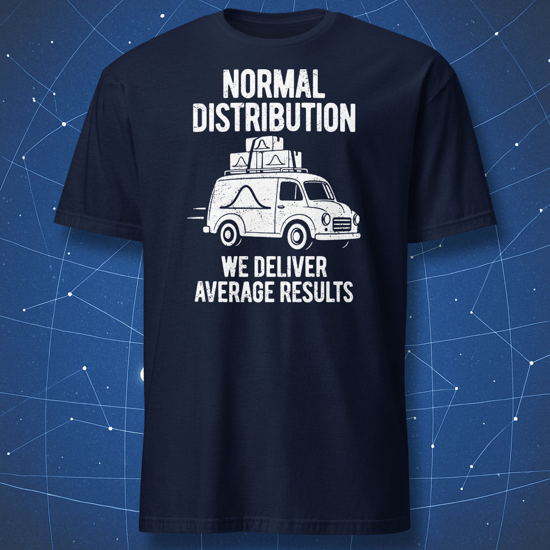 Navy Normal Distribution T-shirt featuring a white vintage delivery van with bell curve logos on its side and parcels.