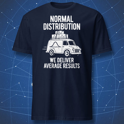 Navy Normal Distribution T-shirt featuring a white vintage delivery van with bell curve logos on its side and parcels.