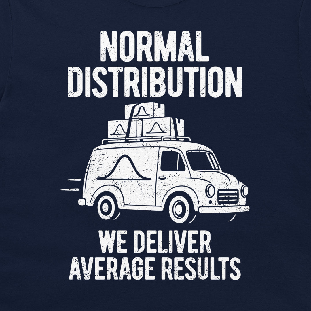 Detail of the white van, stacked parcels, and We Deliver Average Results slogan on navy fabric.