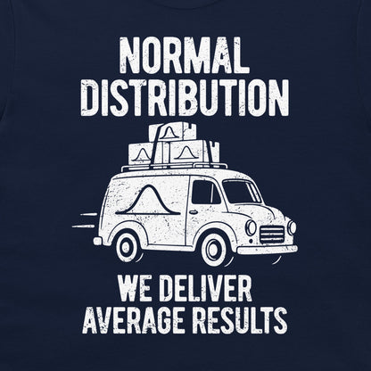 Detail of the white van, stacked parcels, and We Deliver Average Results slogan on navy fabric.
