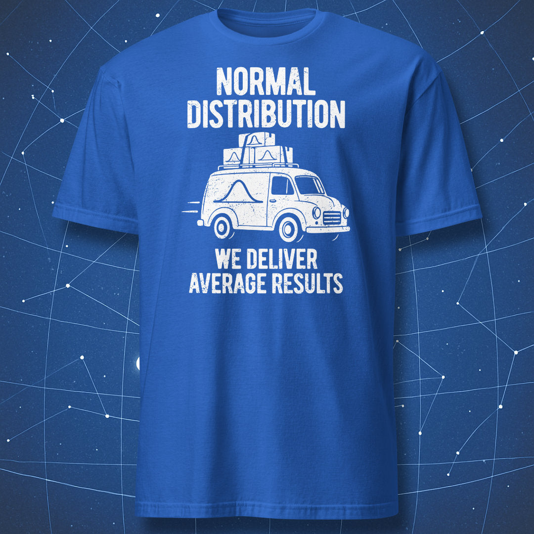 Royal blue Normal Distribution T-shirt with a white delivery van and parcels marked with bell curves.