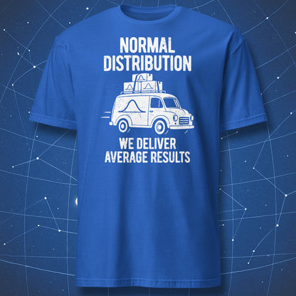 Royal blue Normal Distribution T-shirt with a white delivery van and parcels marked with bell curves.