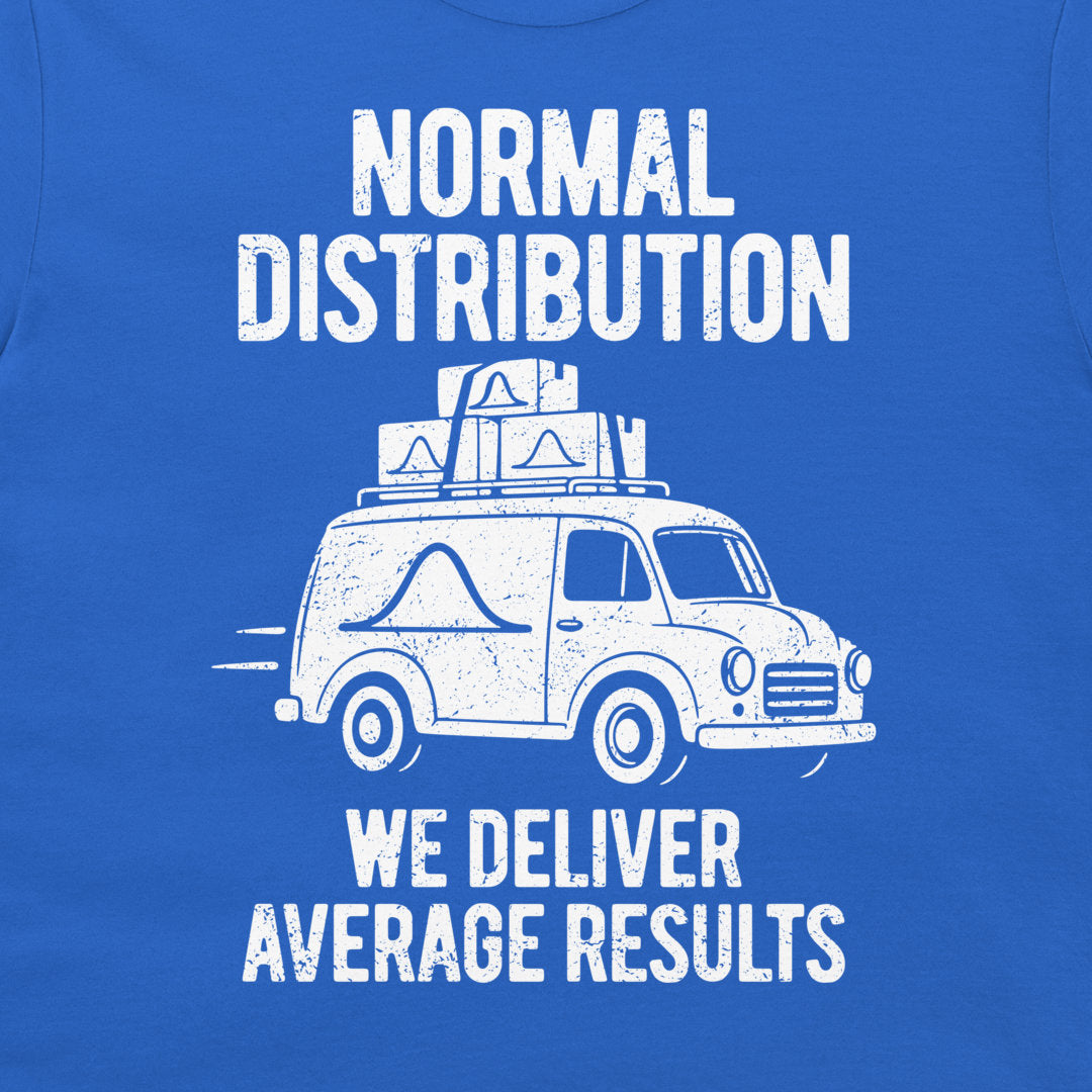 Detail of the white bell curve van illustration and We Deliver Average Results slogan on royal blue fabric.