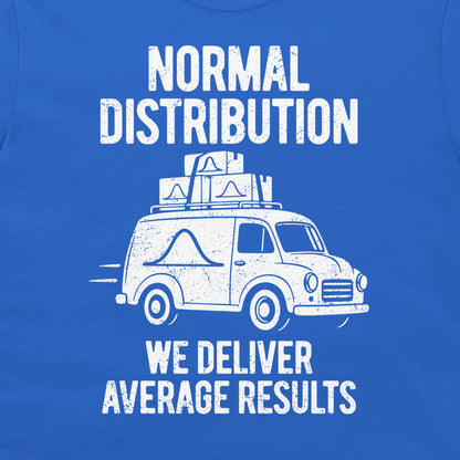 Detail of the white bell curve van illustration and We Deliver Average Results slogan on royal blue fabric.