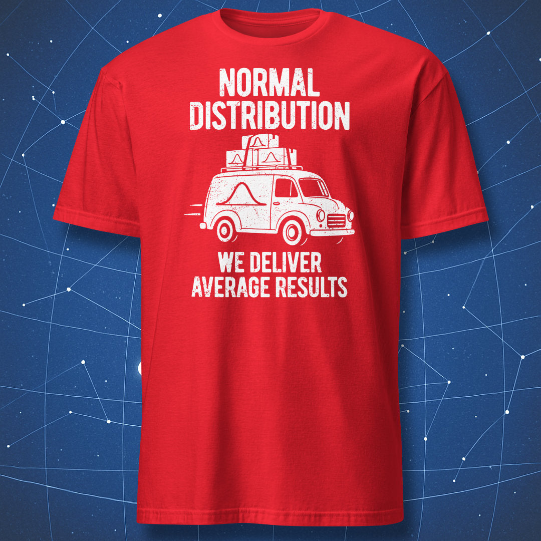 Red Normal Distribution T-shirt featuring a white delivery van, bell curve logos, and stacked roof parcels.