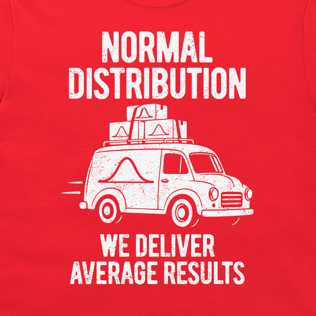 Close-up of distressed white Normal Distribution lettering, a vintage van, and We Deliver Average Results text on red fabric.