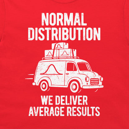 Close-up of distressed white Normal Distribution lettering, a vintage van, and We Deliver Average Results text on red fabric.