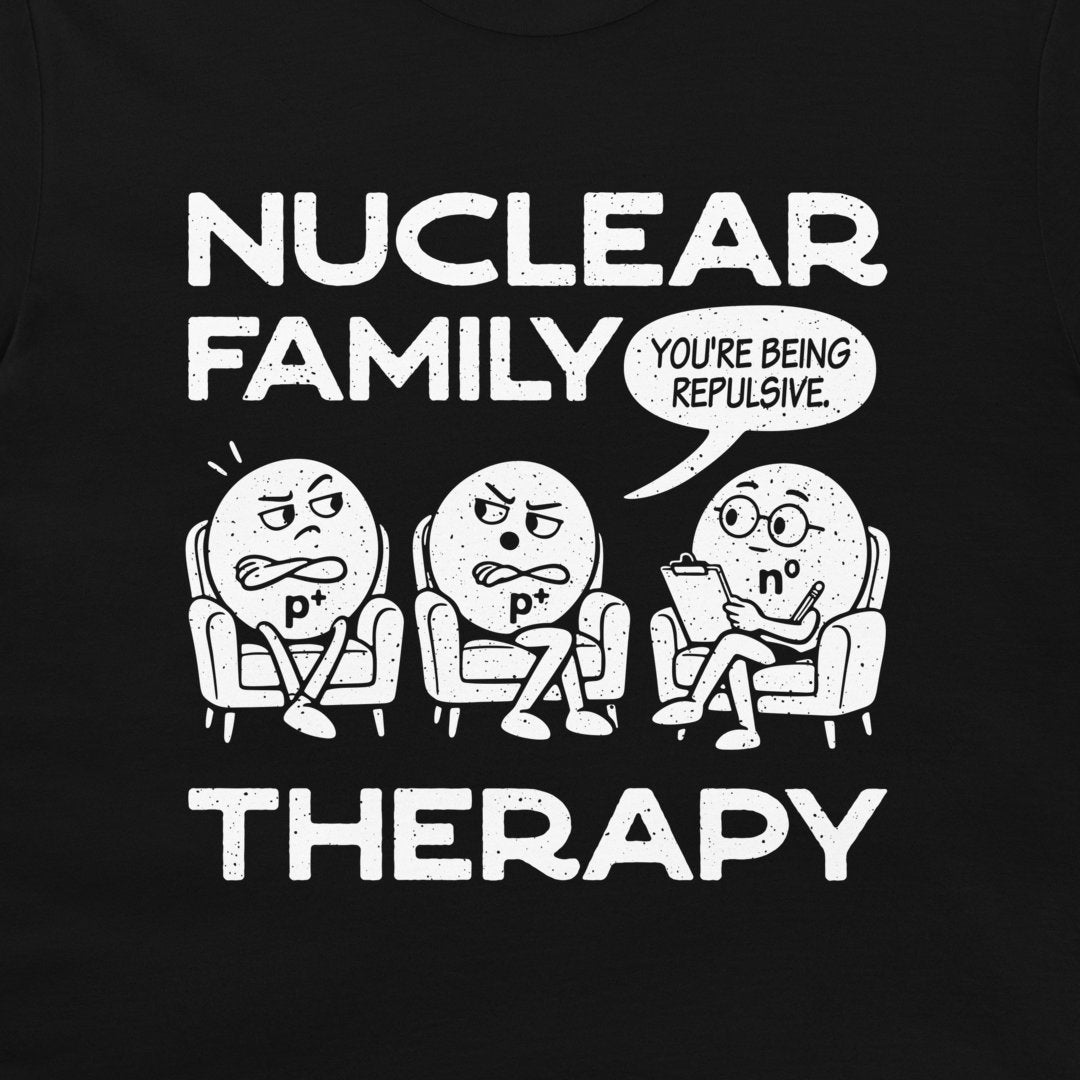 Close-up of distressed white Nuclear Family Therapy artwork and the You’re Being Repulsive speech bubble on black fabric.