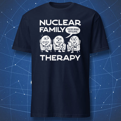 Navy Nuclear Family Therapy T-shirt featuring two annoyed protons and a neutron therapist in a white cartoon print.