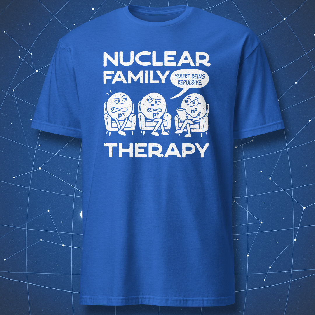 Royal blue Nuclear Family Therapy T-shirt featuring white proton characters and a neutron therapist with glasses and a clipboard.