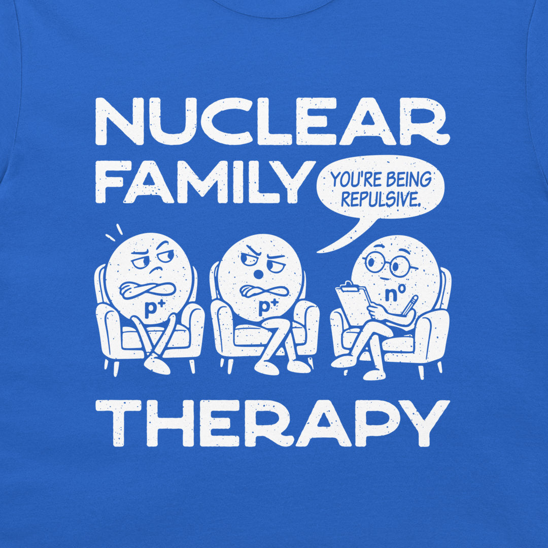 Detail of distressed white Nuclear Family Therapy lettering and the three seated particle characters on royal blue fabric.