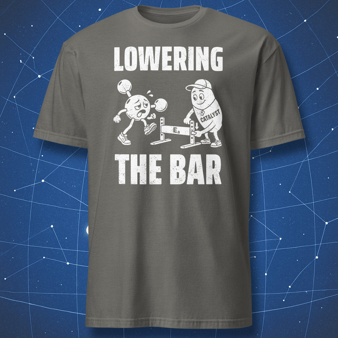 Charcoal Lowering the Bar T-shirt with a white chemistry cartoon of a catalyst helping a tired molecule over a hurdle.