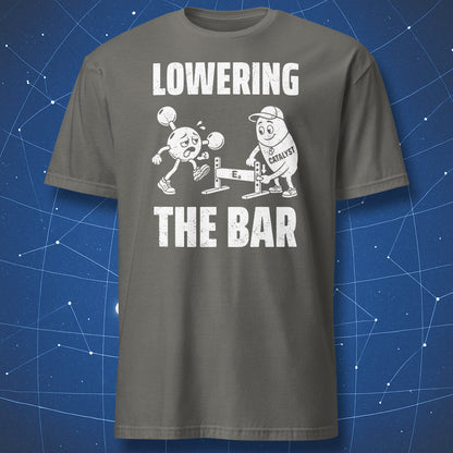 Charcoal Lowering the Bar T-shirt with a white chemistry cartoon of a catalyst helping a tired molecule over a hurdle.