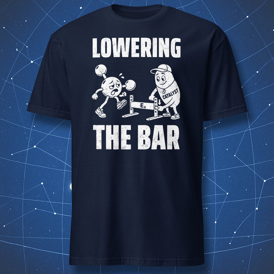 Navy Lowering the Bar T-shirt featuring a white molecule in running shoes and a catalyst adjusting a hurdle.