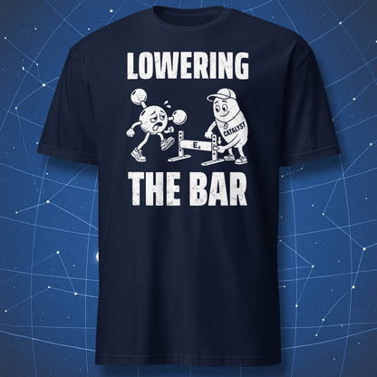 Navy Lowering the Bar T-shirt featuring a white molecule in running shoes and a catalyst adjusting a hurdle.
