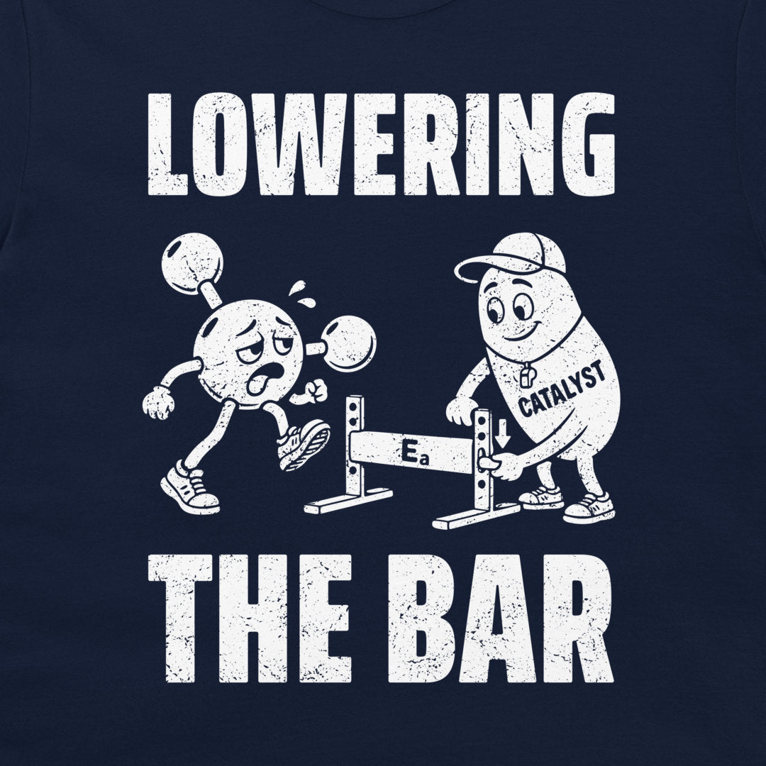 Detail of the white Catalyst character, Eₐ hurdle, and Lowering the Bar lettering on navy fabric.