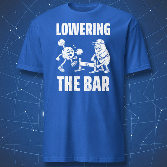 Royal blue Lowering the Bar T-shirt featuring a white catalyst coach and a molecule jumping an activation-energy hurdle.