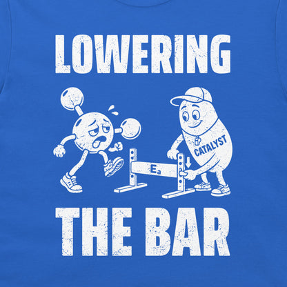 Detail of the white molecule in running shoes, Eₐ hurdle, and smiling Catalyst character on royal blue fabric.