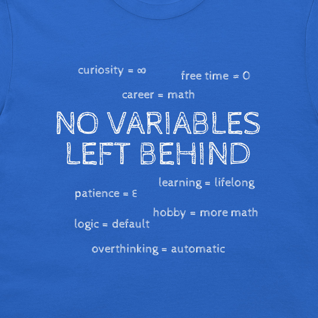 Close-up of the royal blue math shirt showing life variables for curiosity, free time, learning, and patience.