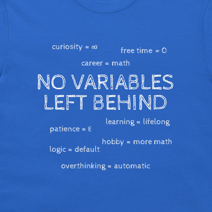 Close-up of the royal blue math shirt showing life variables for curiosity, free time, learning, and patience.