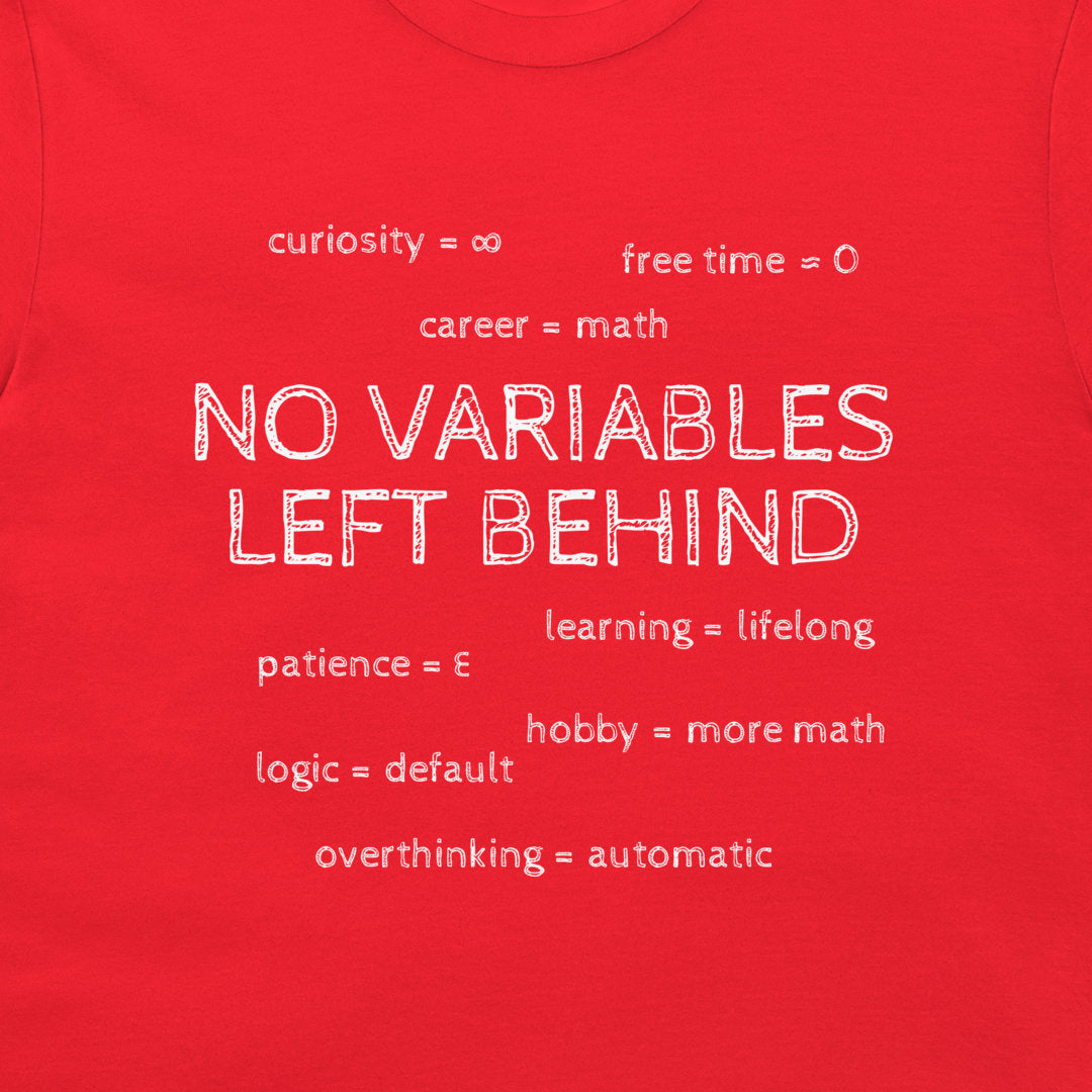 Detail of the red math T-shirt showing the No Variables Left Behind slogan surrounded by life assignments.