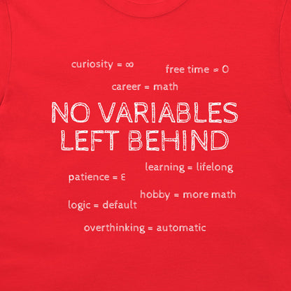Detail of the red math T-shirt showing the No Variables Left Behind slogan surrounded by life assignments.