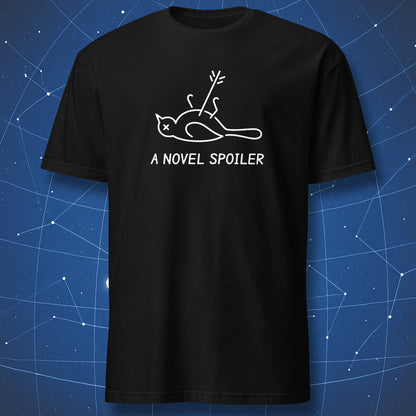 Black A Novel Spoiler T-shirt featuring a white line drawing of a dead mockingbird with an arrow through its belly.